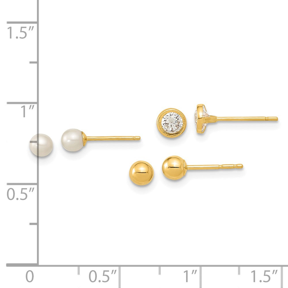14K Polished 3.5mm Ball/3-4mm Freshwater Cultured Pearl/4.5mm CZ Bezel Set of 3 Pair Post Earrings
