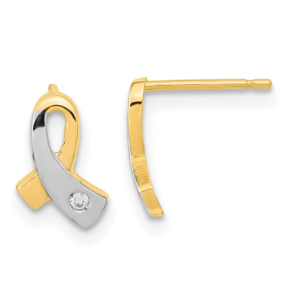14K and White Rhodium CZ Awareness Ribbon Post Earrings