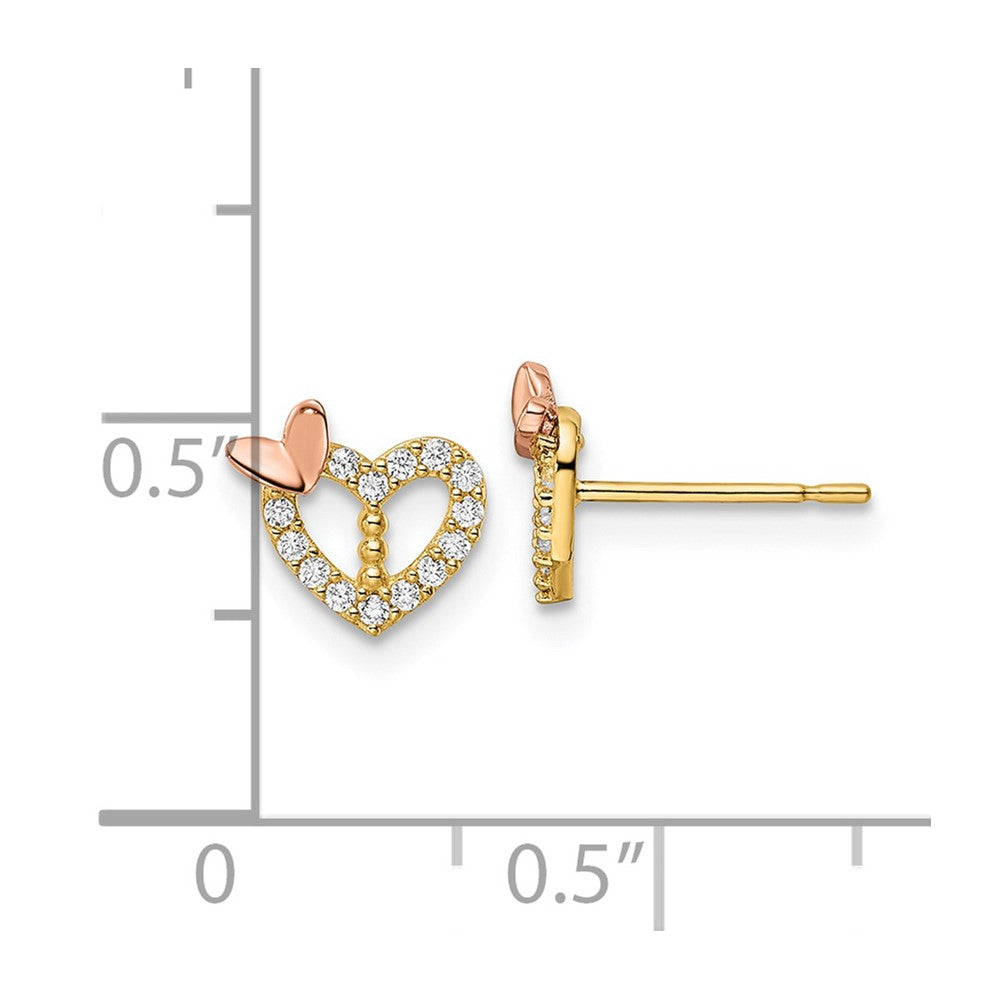 14k Two-tone CZ Heart with Butterfly Post Earrings