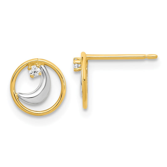 14K and White Rhodium Open Circle with CZ Half Moon Post Earrings