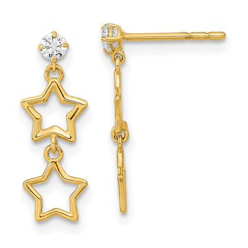 14K Polished Two Star with CZ Dangle Post Earrings