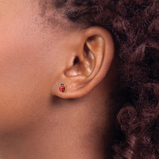 14k Polished Red and Black Enameled Medium Ladybug Post Earrings
