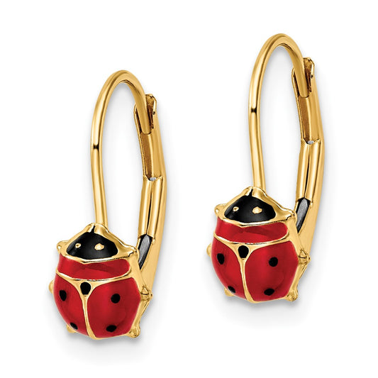 14k Polished Red and Black Enameled Ladybug Leverback Earrings