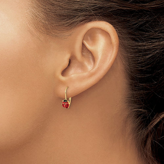 14k Polished Red and Black Enameled Ladybug Leverback Earrings