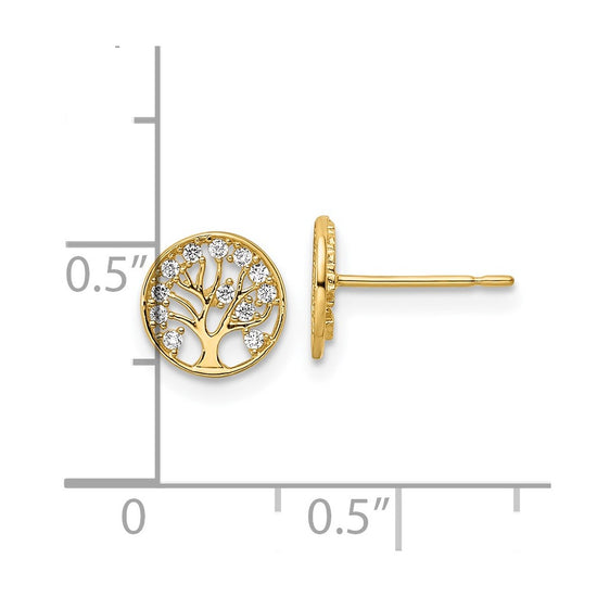 14k CZ Tree of Life in Circle Post Earrings