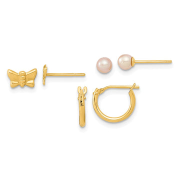 14K Butterfly/3-4mm Freshwater Cultured Pearl/Mini Hoop 3-Pair Earring Set