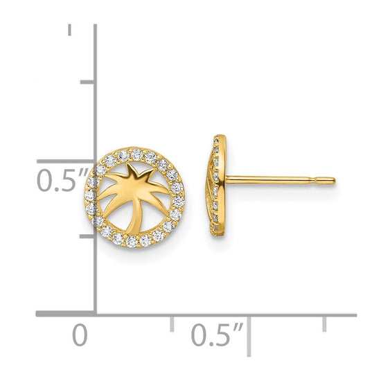 14k Polished CZ Palm Tree in Circle Post Earrings