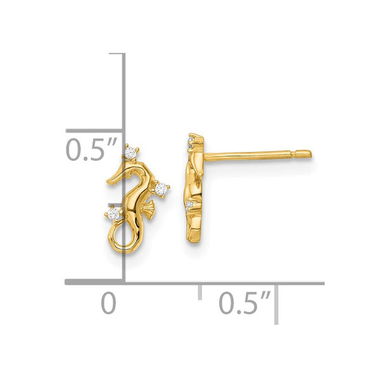 14k Polished CZ Mini Seahorse Post Earrings