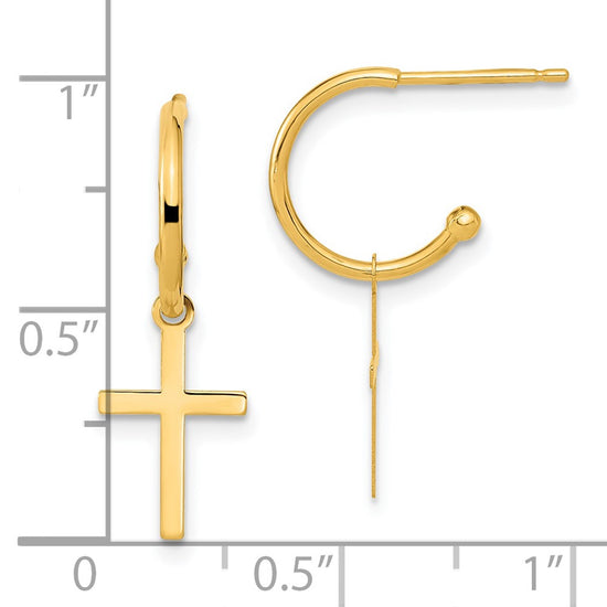 14K Polished Cross Dangle C-Hoop Earrings