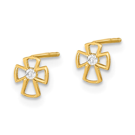 14K Polished 3mm Ball/Cross/4mm CZ Bezel 3-Pair Post Earrings Set
