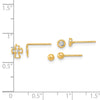 14K Polished 3mm Ball/Cross/4mm CZ Bezel 3-Pair Post Earrings Set