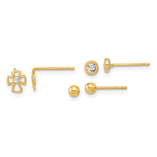 14K Polished 3mm Ball/Cross/4mm CZ Bezel 3-Pair Post Earrings Set