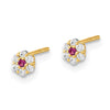 14K Polished 3mm Ball/Red and White CZ Flowers/Cross 3-Pair Post Earrings Set
