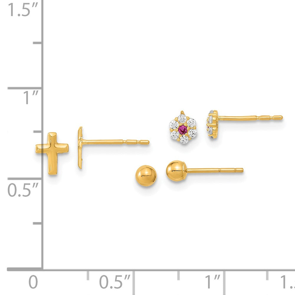 14K Polished 3mm Ball/Red and White CZ Flowers/Cross 3-Pair Post Earrings Set