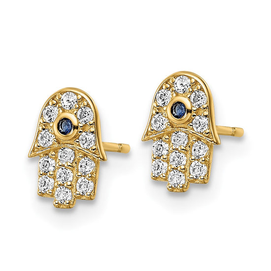 14k Small CZ and Blue Glass Stone Hamsa Post Earrings