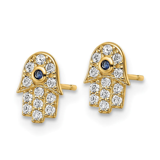 14k Small CZ and Blue Glass Stone Hamsa Post Earrings