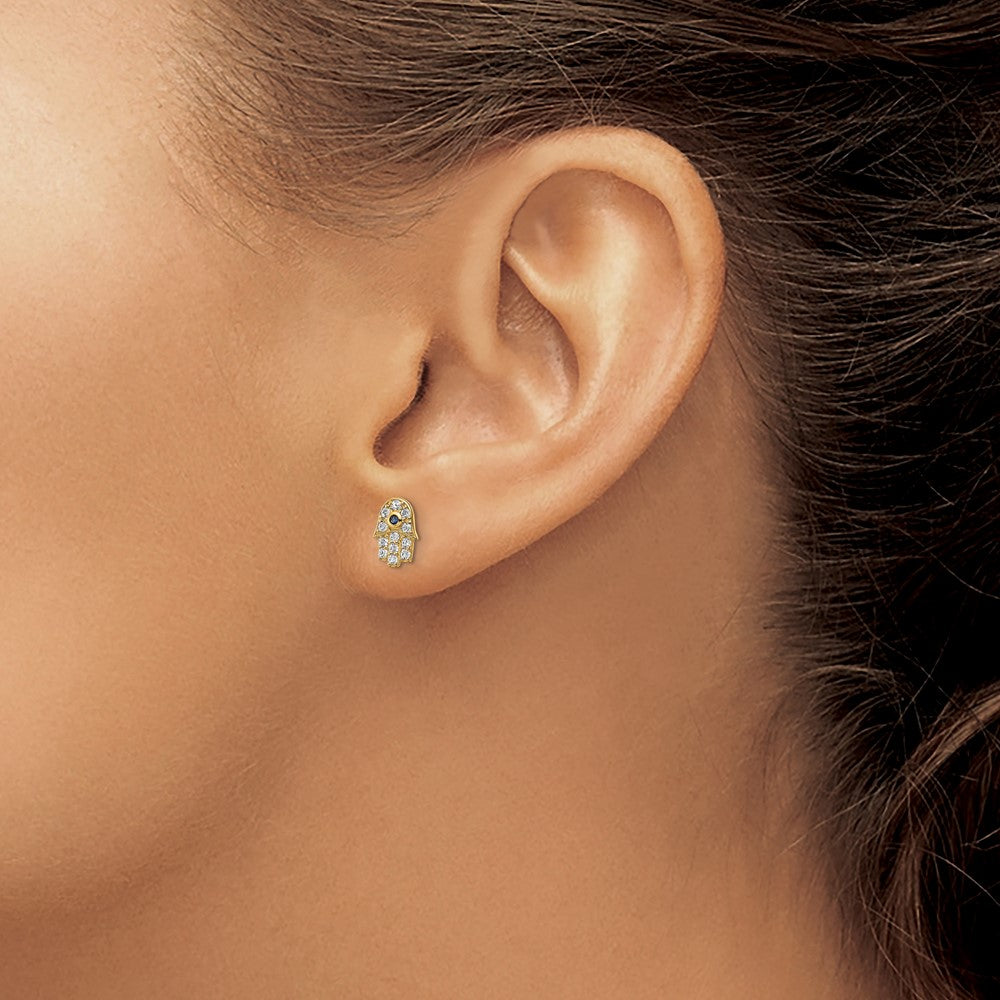 14k Small CZ and Blue Glass Stone Hamsa Post Earrings