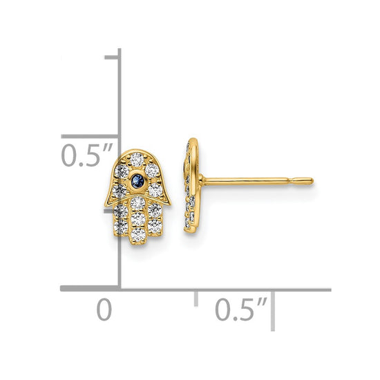 14k Small CZ and Blue Glass Stone Hamsa Post Earrings