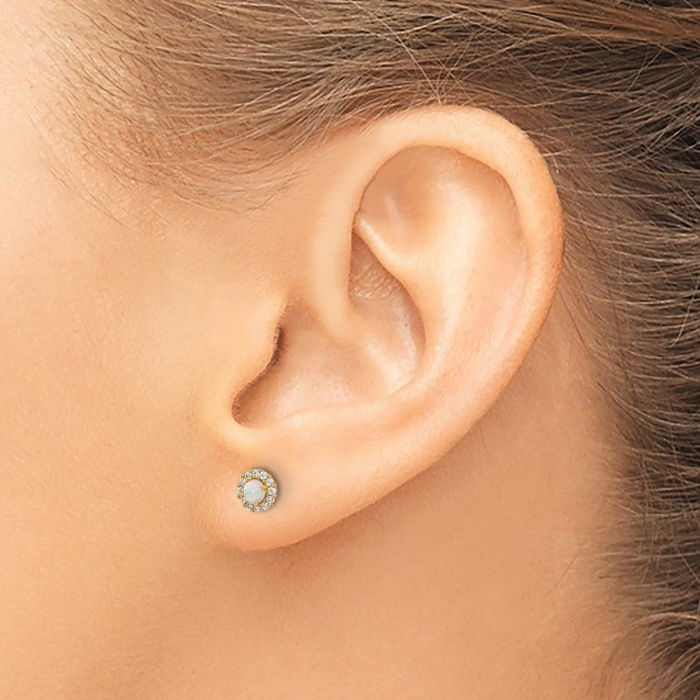 14K Polished CZ and Lab Created Opal Halo Screwback Post Earrings