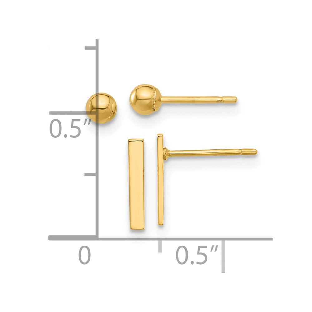 14K Set of Two Pair Polished 3mm Ball and Bar Post Earrings