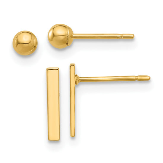 14K Set of Two Pair Polished 3mm Ball and Bar Post Earrings