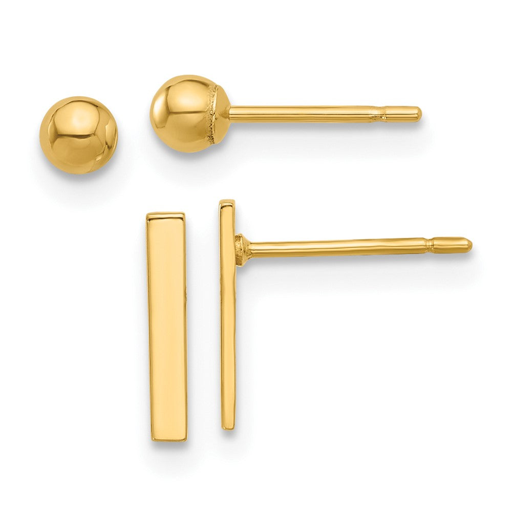 14K Set of Two Pair Polished 3mm Ball and Bar Post Earrings
