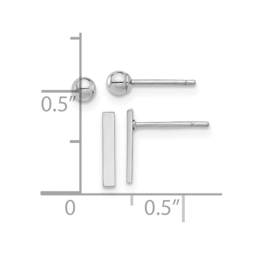 14K White Gold Set of Two Pair Polished 3mm Ball and Bar Post Earrings