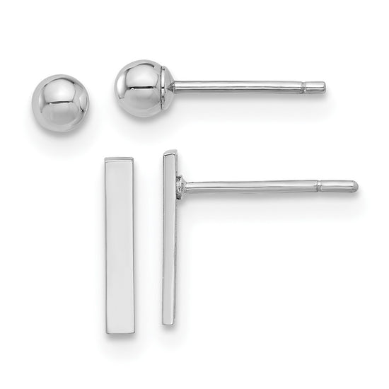 14K White Gold Set of Two Pair Polished 3mm Ball and Bar Post Earrings