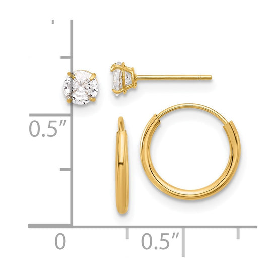 14K Set of Two Pair 4mm CZ Studs and 1.00x12mm Endless Hoop Earrings