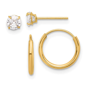 14K Set of Two Pair 4mm CZ Studs and 1.00x12mm Endless Hoop Earrings