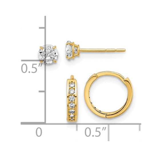 14K Set of Two Pair 4mm CZ Post and 1.00x10mm Hinged Hoop Earrings