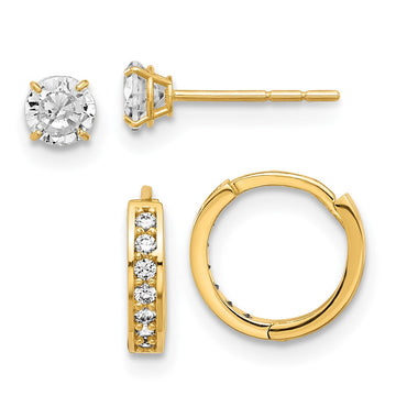 14K Set of Two Pair 4mm CZ Post and 1.00x10mm Hinged Hoop Earrings