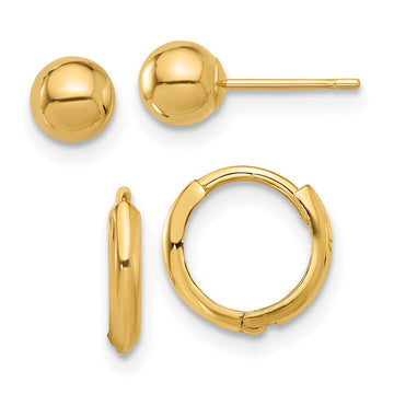 14K Set of Two Pair Polished 5mm Ball and Hinged Hoop Earrings