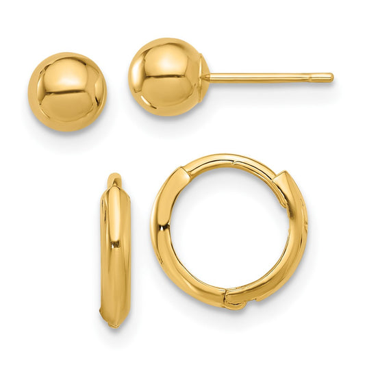 14K Set of Two Pair Polished 5mm Ball and Hinged Hoop Earrings