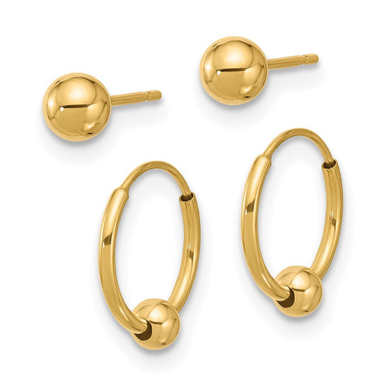 14K Set of Two Pair Polished 4mm Ball and Beaded Endless Hoop Earrings