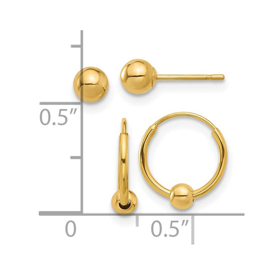 14K Set of Two Pair Polished 4mm Ball and Beaded Endless Hoop Earrings