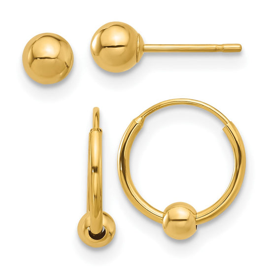 14K Set of Two Pair Polished 4mm Ball and Beaded Endless Hoop Earrings