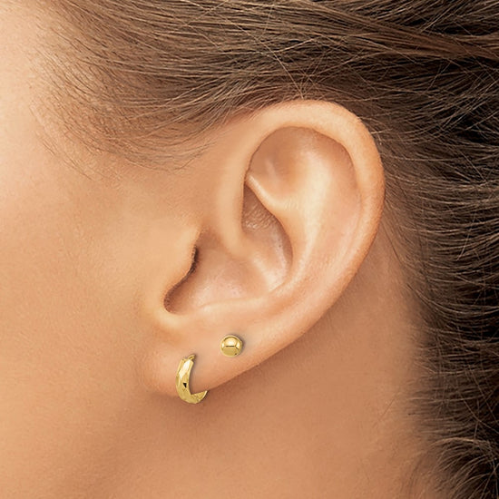 14K Set of Two Pair Polished 4mm Ball and Diamond-cut Hinged Hoop Earrings