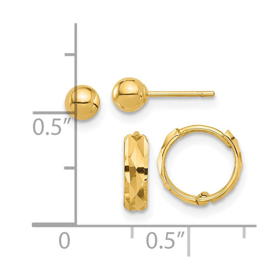14K Set of Two Pair Polished 4mm Ball and Diamond-cut Hinged Hoop Earrings