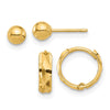 14K Set of Two Pair Polished 4mm Ball and Diamond-cut Hinged Hoop Earrings