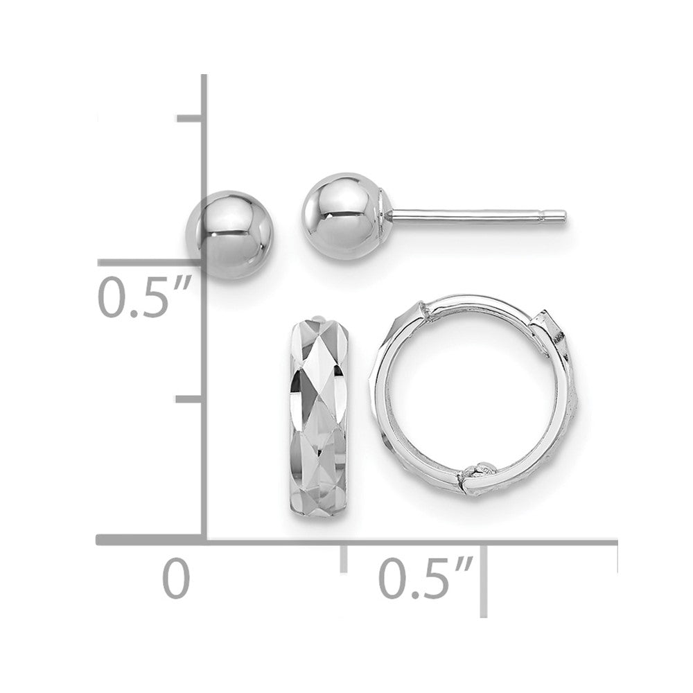 14K White Gold Set of Two Pair Polished 4mm Ball and Diamond-cut Hinged Hoop Earrings