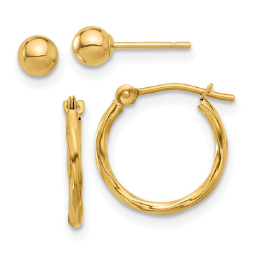 14K Set of Two Pair Polished 4mm Ball and 1x12mm Twisted Hoop Earrings