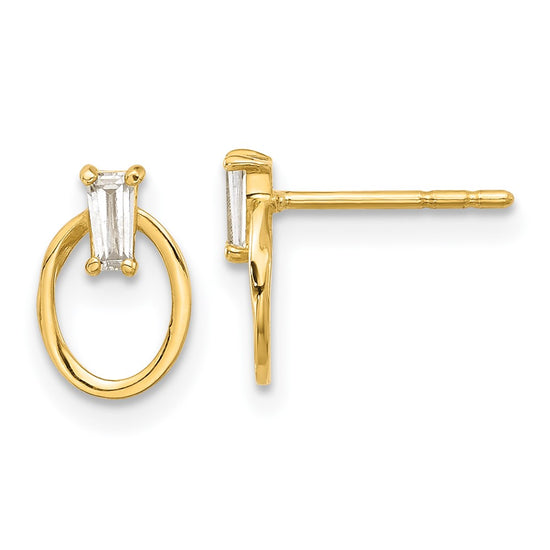 14K Polished CZ Baguette on Oval Post Earrings