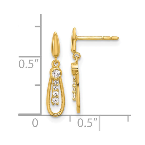 14K Polished Teardrop with CZ Dangle Post Earrings