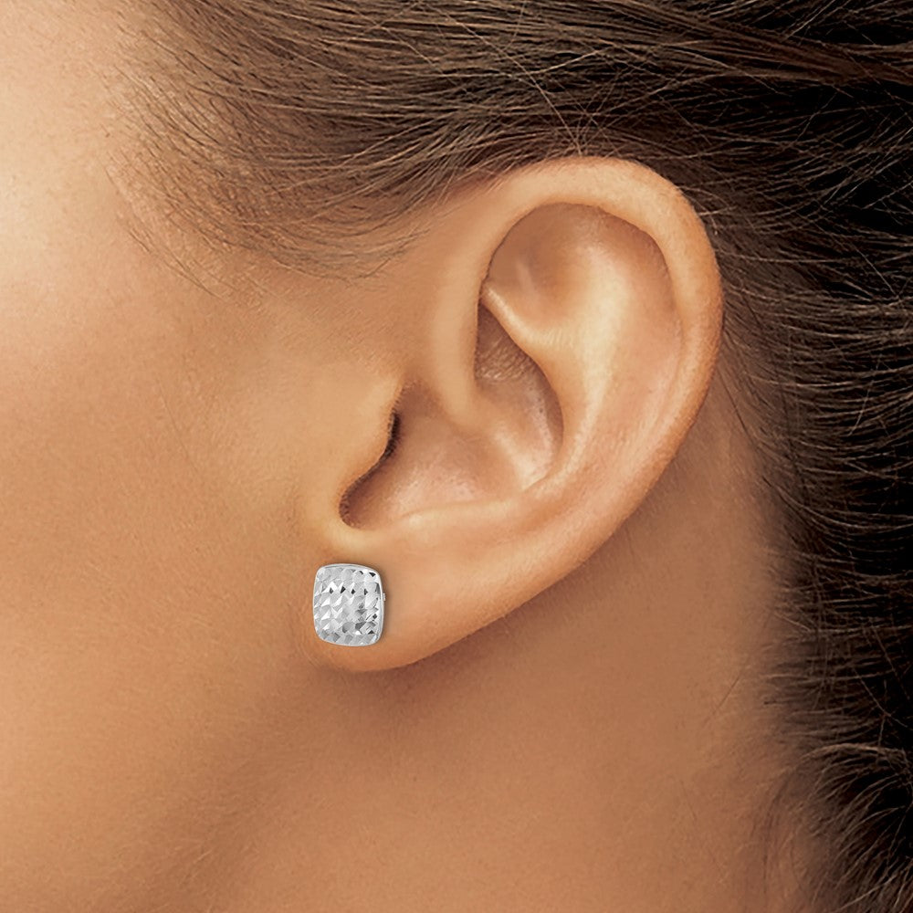 14K White Gold 8mm Diamond-cut Puffed Square Button Post Earrings