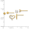 14K Polished 4mm CZ/3mm Ball/CZ Heart Post Set 3 Pair Earrings