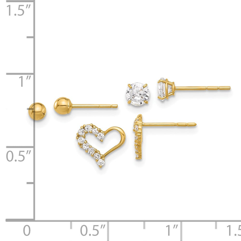 14K Polished 4mm CZ/3mm Ball/CZ Heart Post Set 3 Pair Earrings
