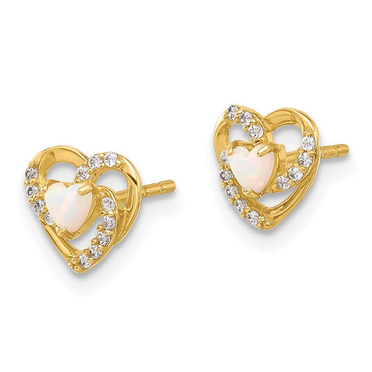14K CZ and Lab Created Opal Heart Post Earrings