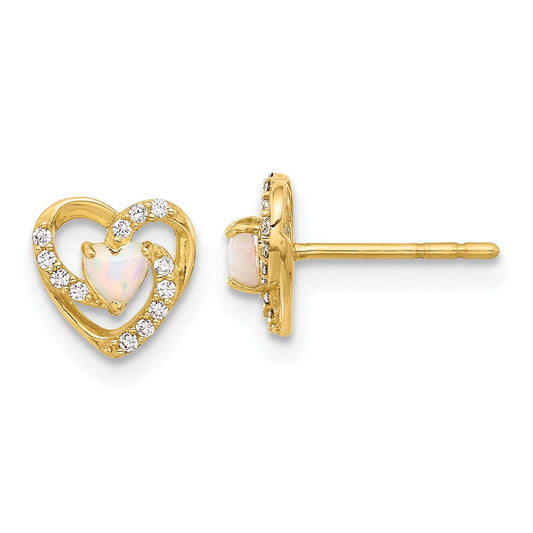 14K CZ and Lab Created Opal Heart Post Earrings