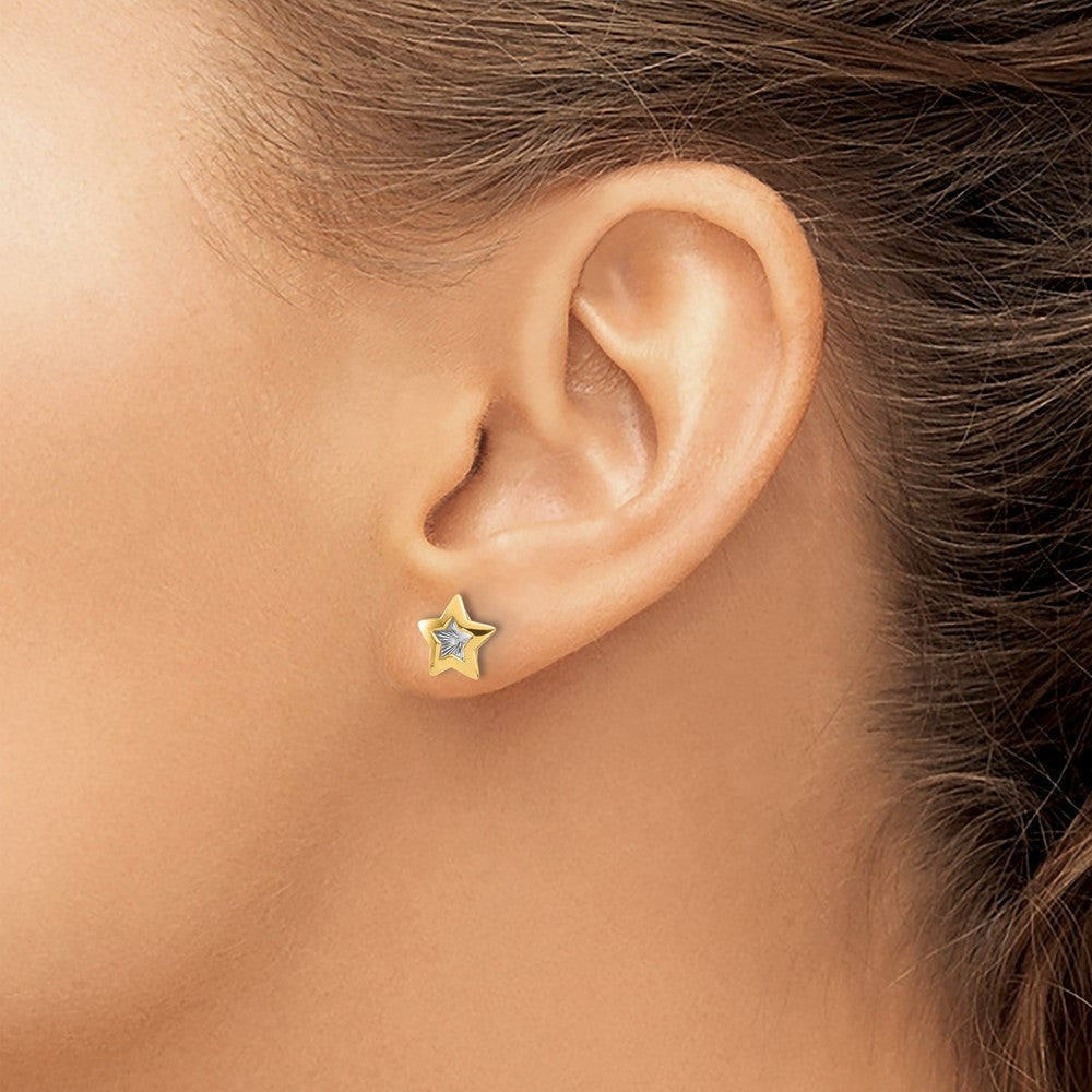 14K and White Rhodium Polished Diamond-cut Star Post Earrings